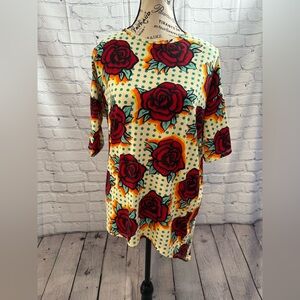 LuLaRoe 3/4 Sleeve Crew Neck Stretch Pullover Rose Print Tunic Hi/Lo Hem Sz XXS
